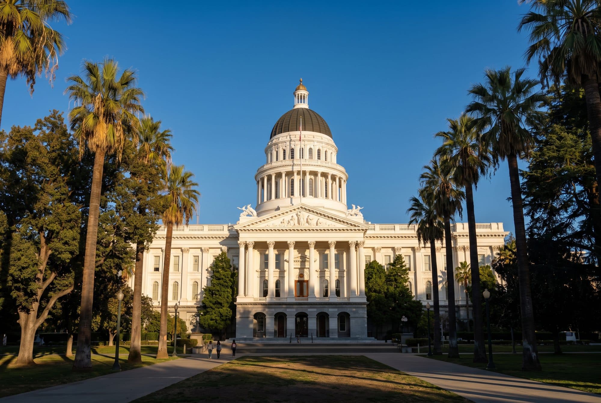 The California State Capitol in Sacramento, its white dome and columns lit by late-afternoon sun