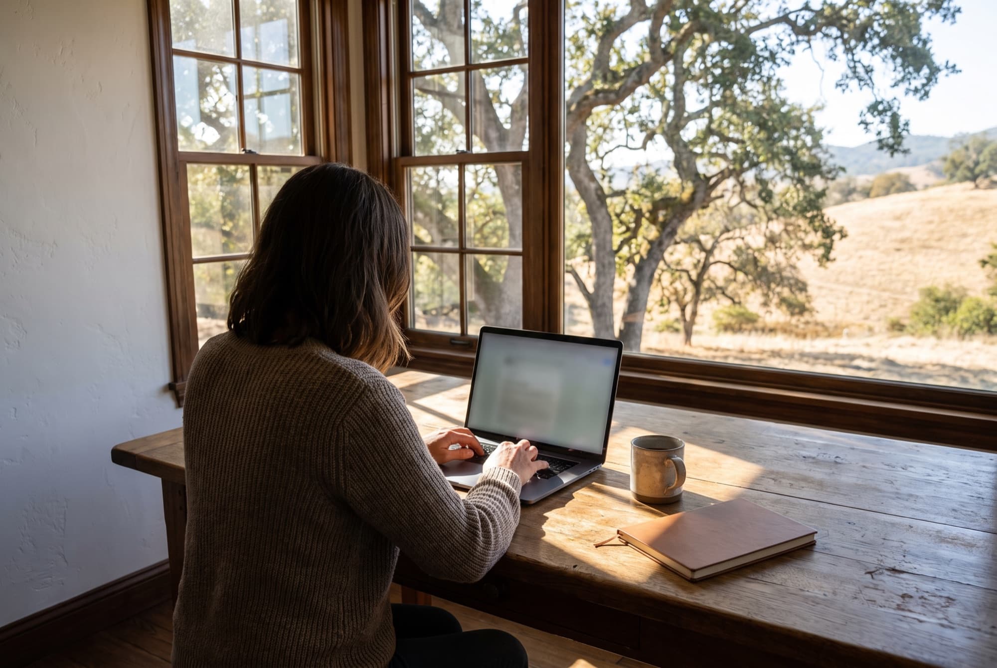 A REALTOR® at a desk working on a laptop, tall windows behind looking out to live oaks