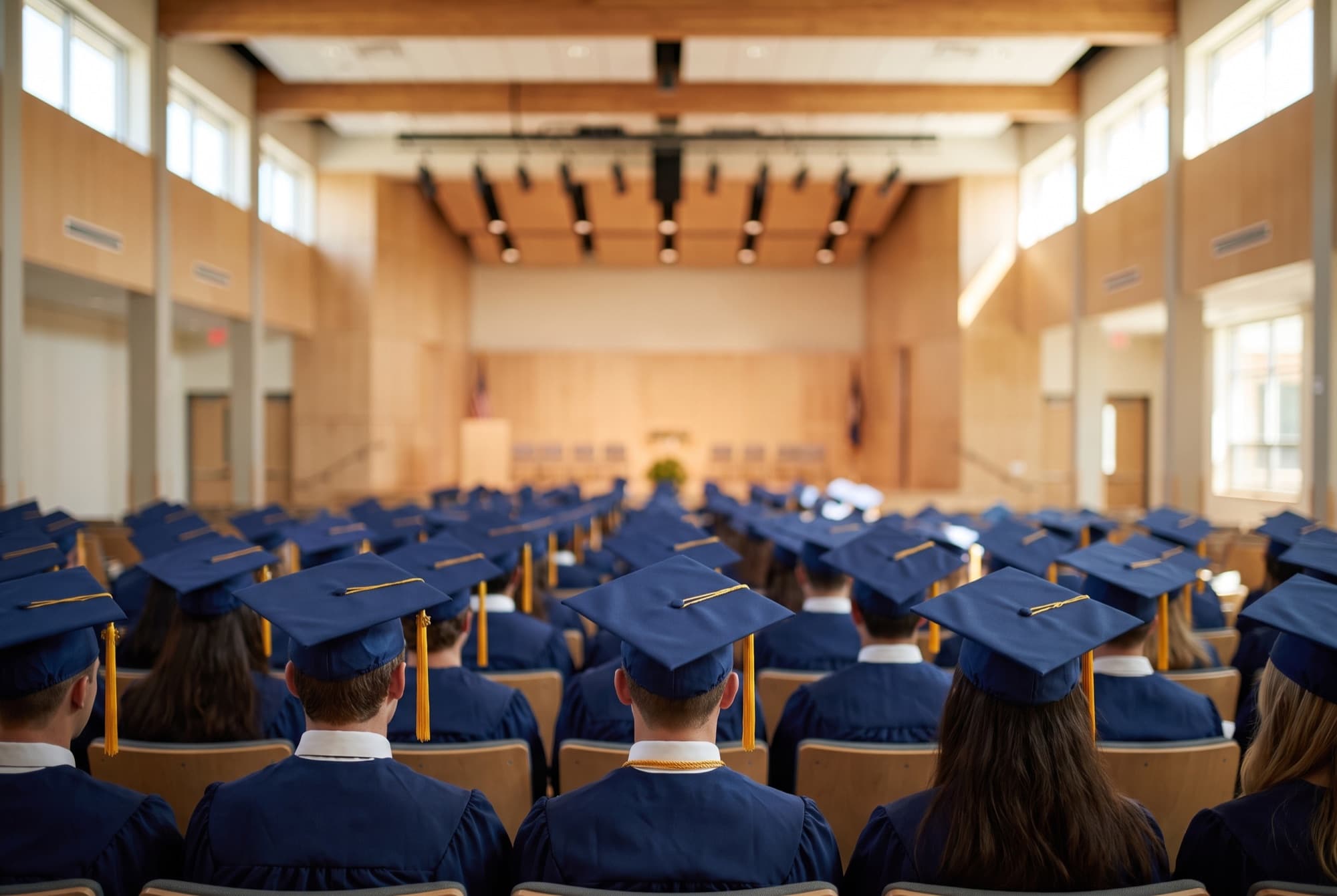 Rows of graduating high school seniors in navy caps and gowns seated at a commencement ceremony