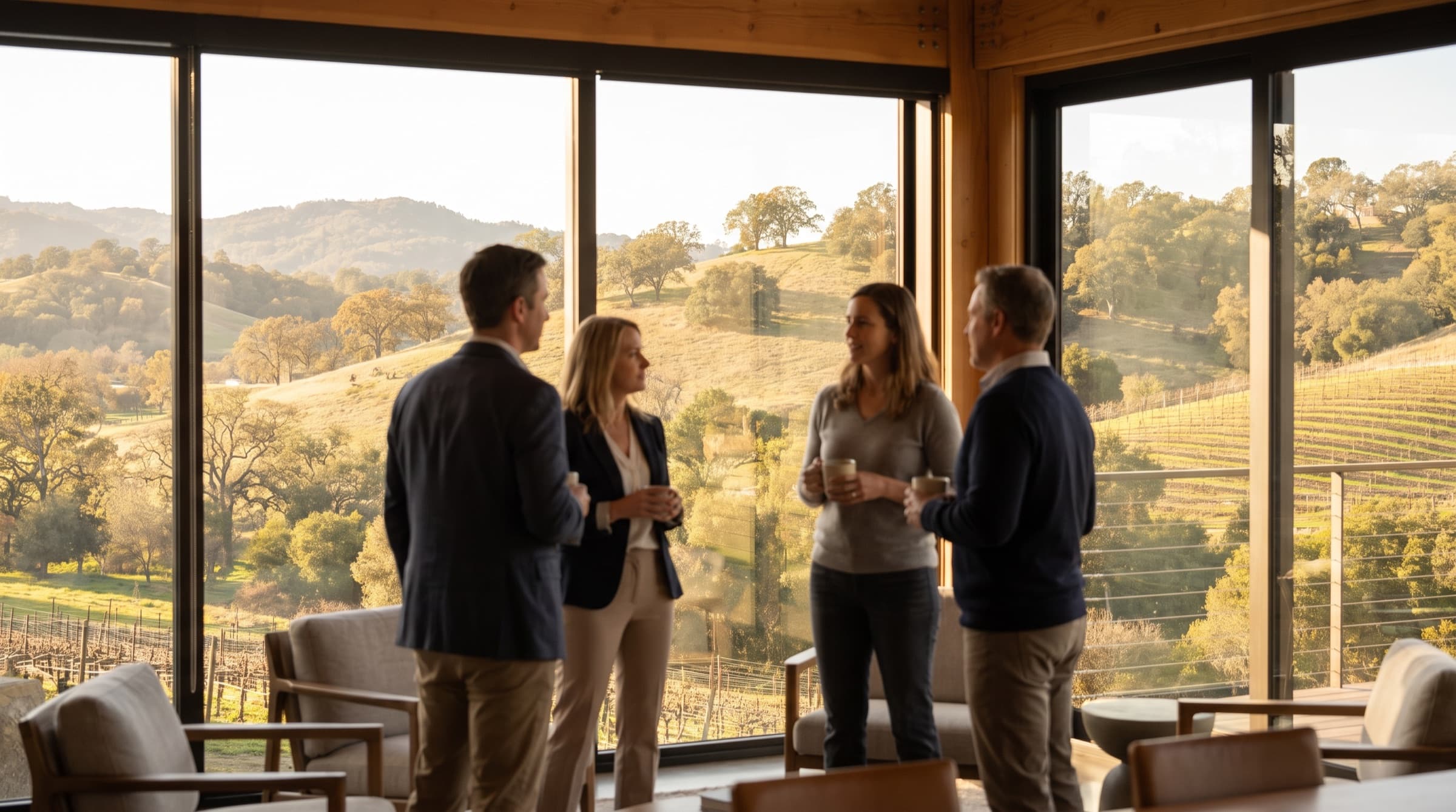 NORBAR members talking together at an association gathering, tall windows looking out to North Bay hills