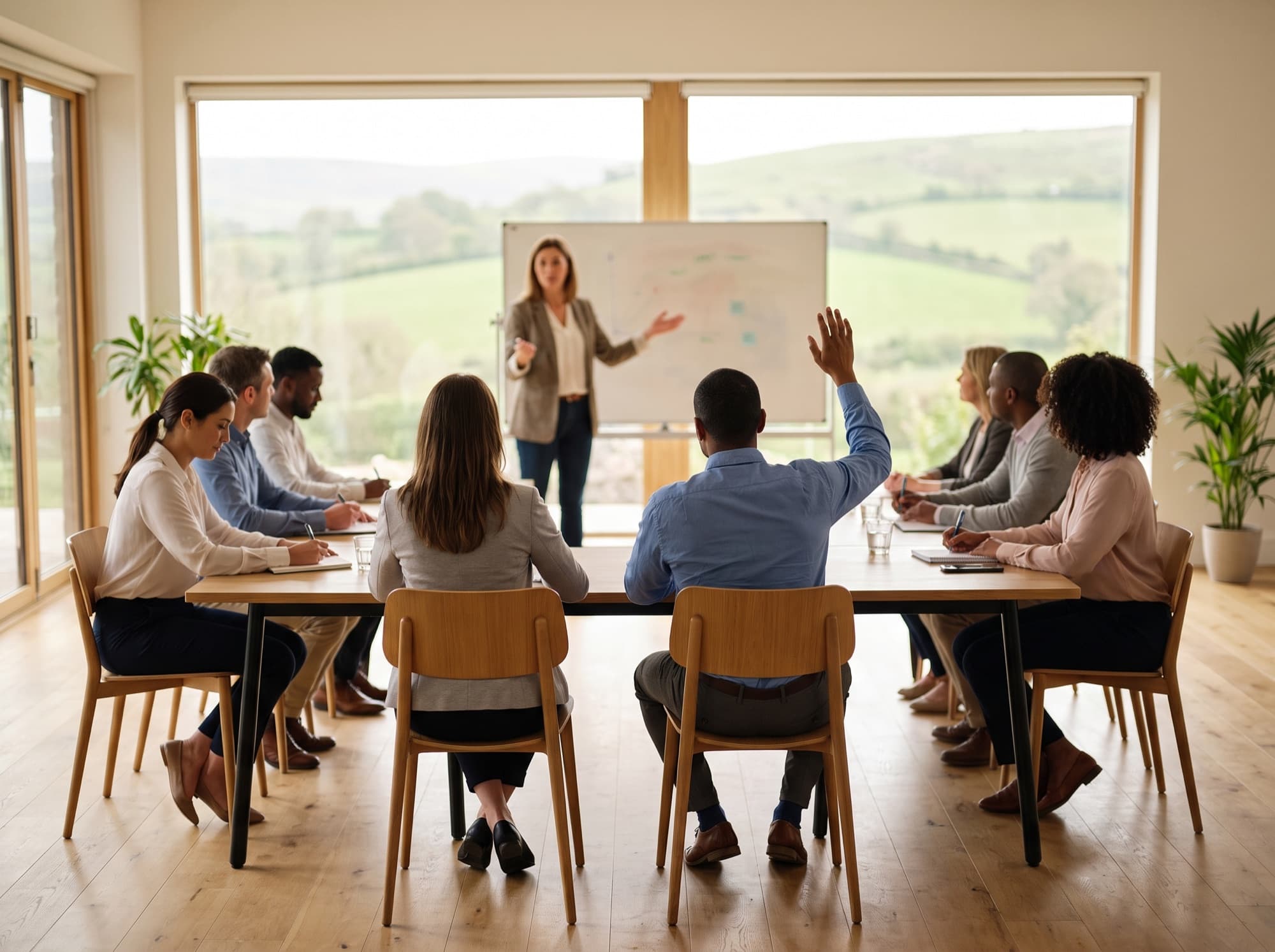 REALTORS® seated at a long table in a NORBAR class, one raising a hand as the instructor speaks at a whiteboard in front of a window onto green hills