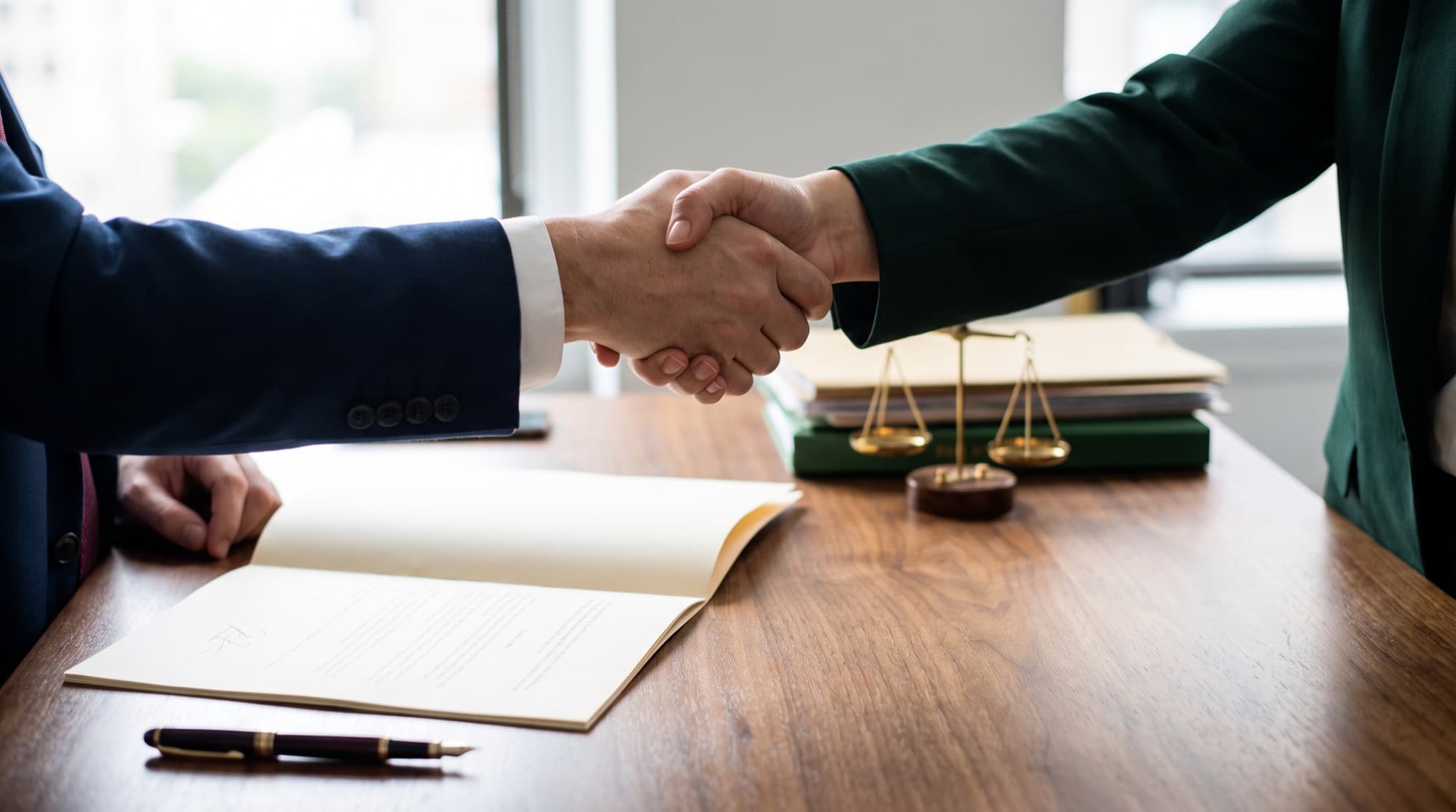 Two professionals in navy and green shake hands over a signed agreement and fountain pen, a brass scale of justice on the desk behind them