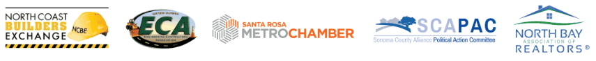 Row of five coalition partner logos: North Coast Builders Exchange (NCBE), ECA – Engineering Contractors Association of Northern California, Santa Rosa Metro Chamber, SCAPAC – Sonoma County Alliance Political Action Committee, and North Bay Association of REALTORS®.