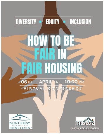 Event flyer for the free 'How to be Fair in Fair Housing' virtual conference, showing the diversity/equity/inclusion theme, the date and time, and the NORBAR and REEvents logos.