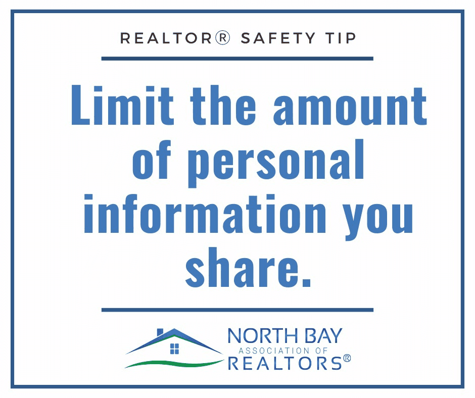 REALTOR Safety Tip card from the North Bay Association of REALTORS reading 'Limit the amount of personal information you share.'