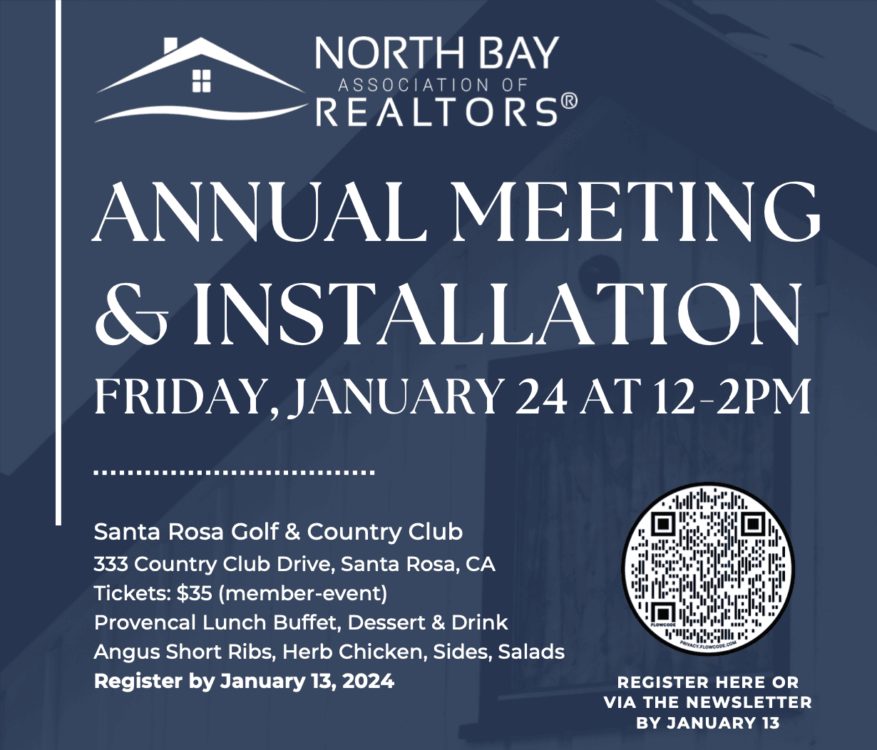 Annual Meeting & Installation flyer: Friday, January 24, 12-2pm, Santa Rosa Golf & Country Club, 333 Country Club Drive; tickets $35, register by January 13.