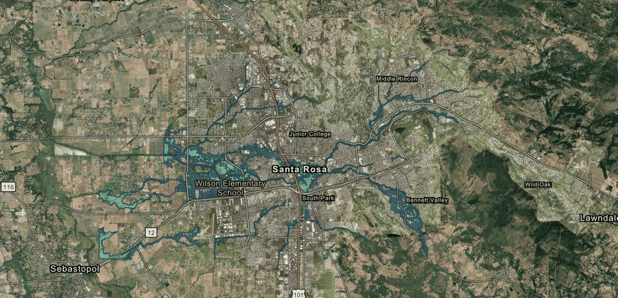 Satellite flood map of Santa Rosa with blue flood zones along creeks through Junior College, South Park and Bennett Valley.