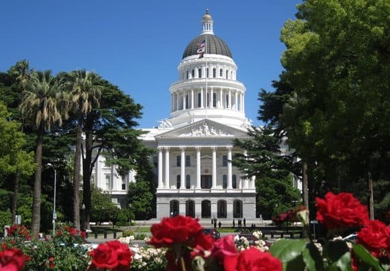 The California State Capitol dome in Sacramento, framed by palm trees and red roses in the foreground.