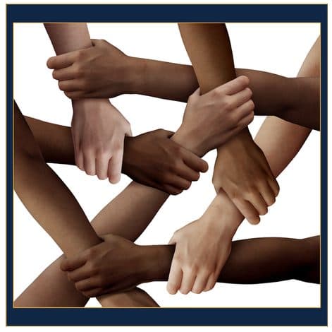 Arms of many different skin tones clasping wrists in an interlocking circle, symbolising fair housing and unity.