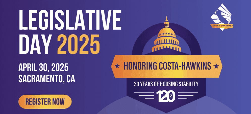 CAR Legislative Day 2025 banner: April 30, 2025, Sacramento, CA, honoring Costa-Hawkins, 30 years of housing stability.