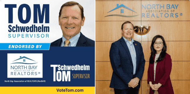 Campaign graphic: Tom Schwedhelm for Supervisor, endorsed by the North Bay Association of REALTORS, VoteTom.com.