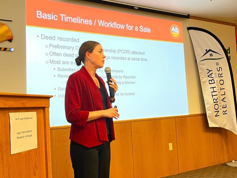 Sonoma County Assessor-Clerk-Recorder Deva Marie Proto presents a slide on recording timelines at the NORBAR class.