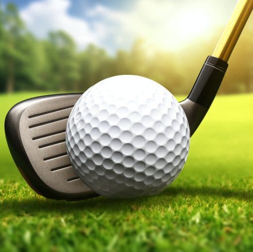 Close-up of a golf club behind a golf ball on sunlit grass, promoting the NORBAR Charity Golf Tournament.