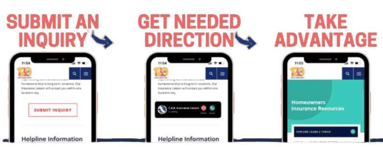 Three phone screens showing how the CAR Homeowners Insurance Hotline works: submit an inquiry, get needed direction, take advantage.