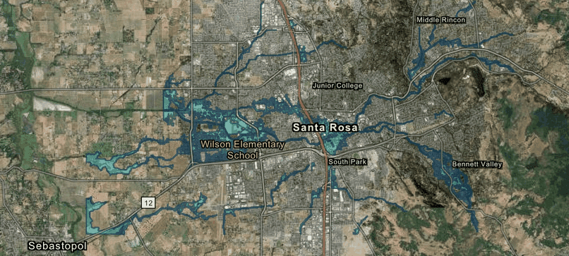 Draft FEMA flood map of the Santa Rosa Creek watershed, with flood zones shaded blue across Santa Rosa toward Sebastopol.