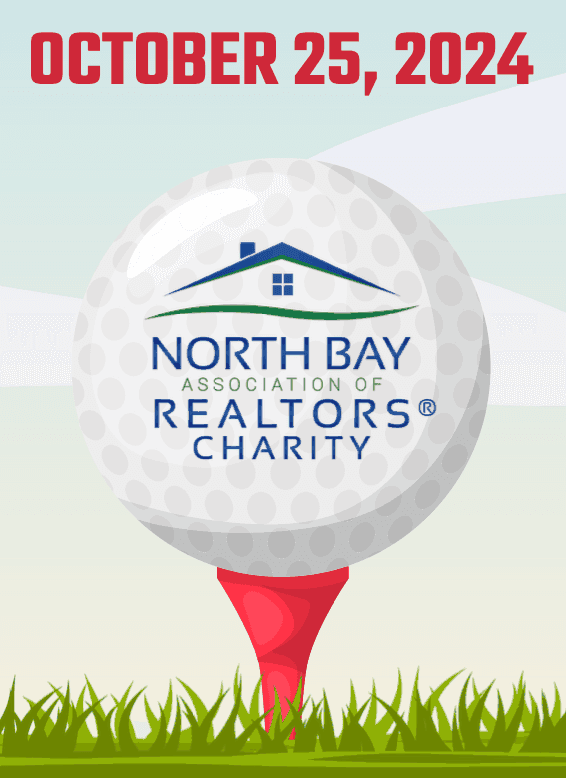 Golf ball with the North Bay Association of REALTORS Charity logo on a red tee, headed OCTOBER 25, 2024.