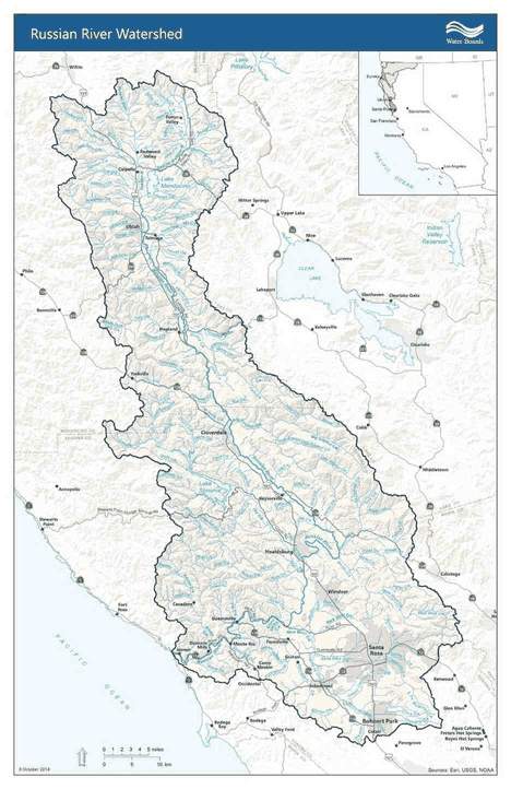 Water Boards map titled 'Russian River Watershed' showing the watershed boundary, rivers and towns from Ukiah down to Santa Rosa.