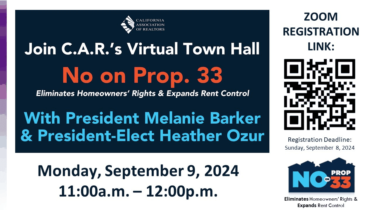 Flyer for CAR's virtual town hall, No on Prop. 33, Monday September 9 2024, 11am-12pm, with Zoom QR code; register by September 8.