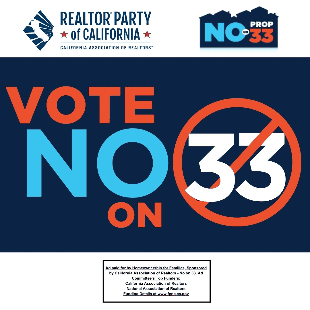 REALTOR Party of California ad reading "Vote No on 33", with a paid-for-by disclosure citing fppc.ca.gov.